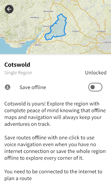 Komoot displays the Cotswold map area for the user to decide if this matches their needs.